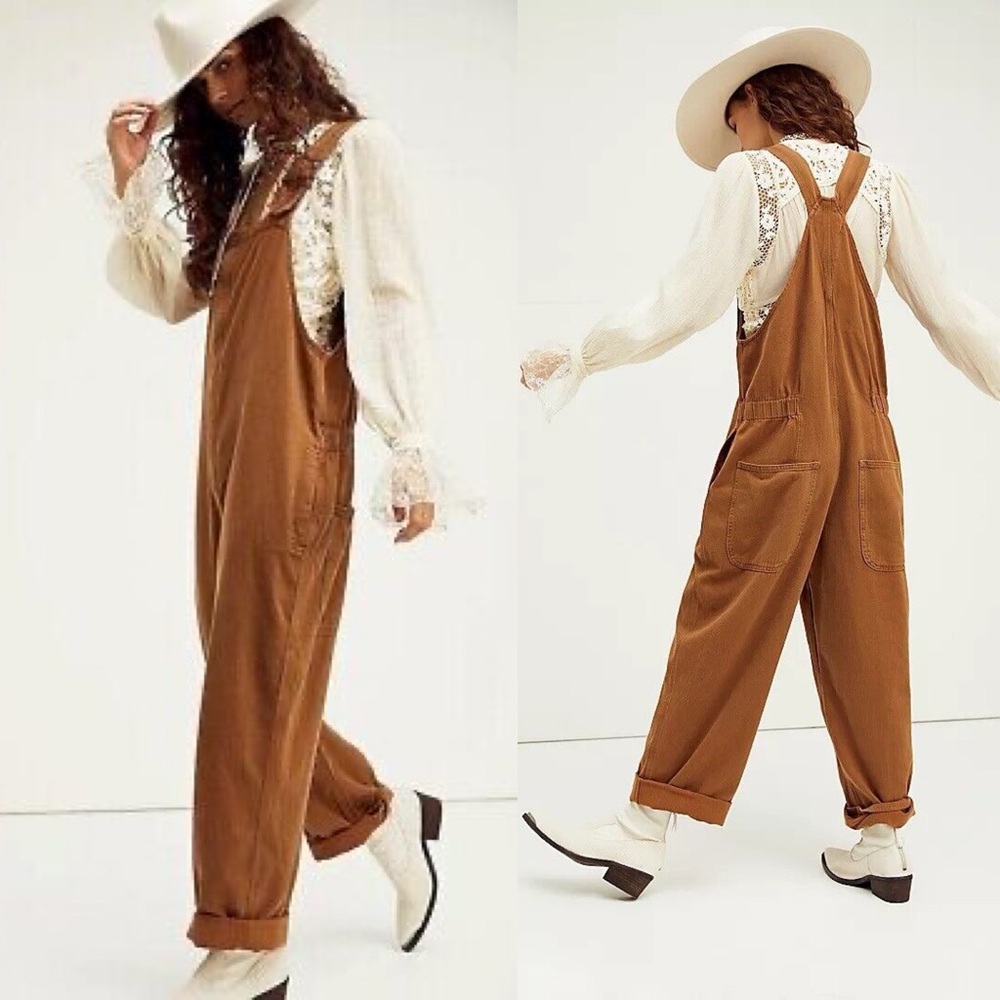 FREE PEOPLE Hunter Denim Slouchy Overalls In Khaki Over-Dye